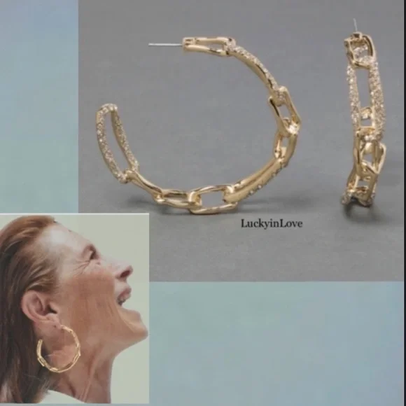 ALEXIS BITTAR NEW Gold Textured Crystal Custom Sculpted Chain Link Hoop Earrings - Picture 13 of 15